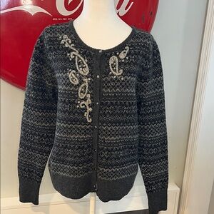 Eddie Bauer Lambswool Dark Gray Fair Isle Embellished Cardigan, size L